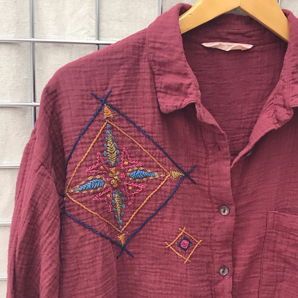 Woven Embroidered Button-Down Shirt - Burgundy